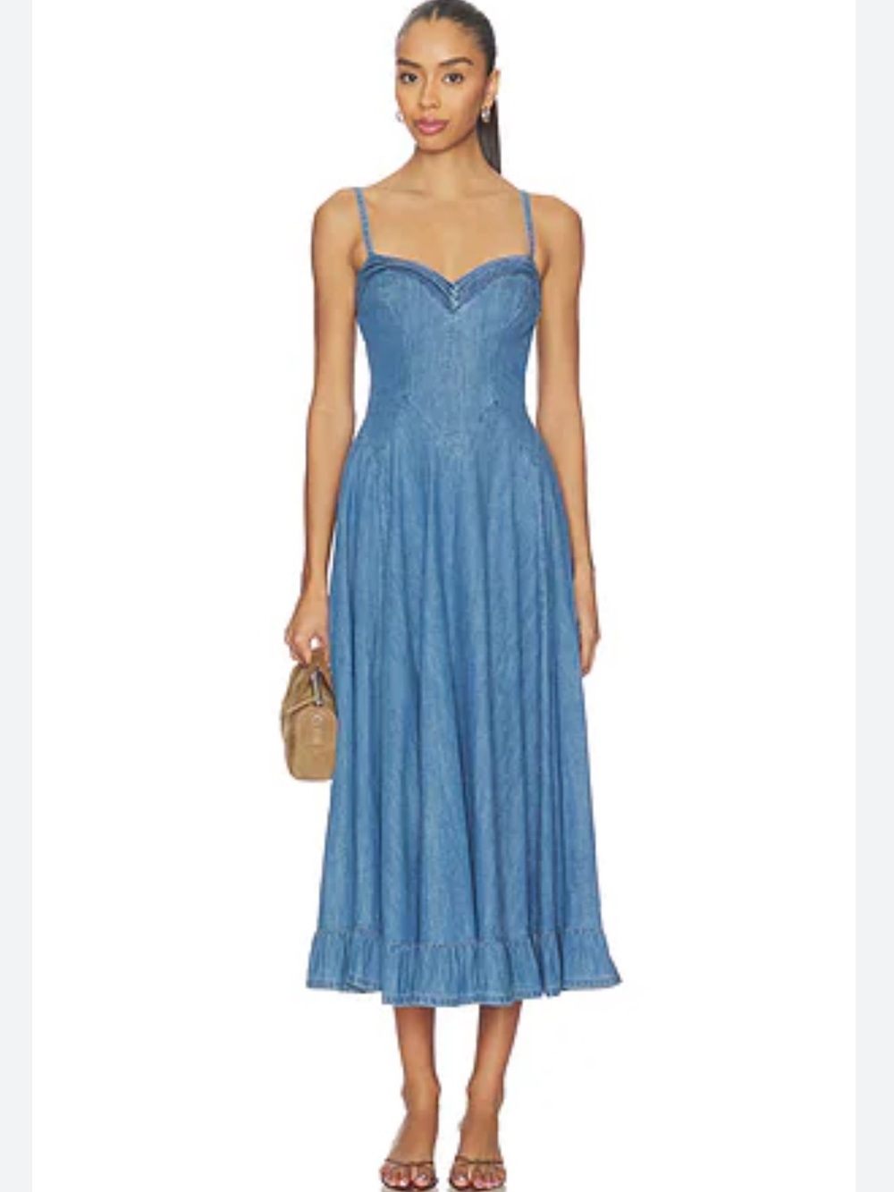 Free People Denim Maxi Dress Large NWOT Sweetheart Neck Ruffle Hem Cotton Pocket